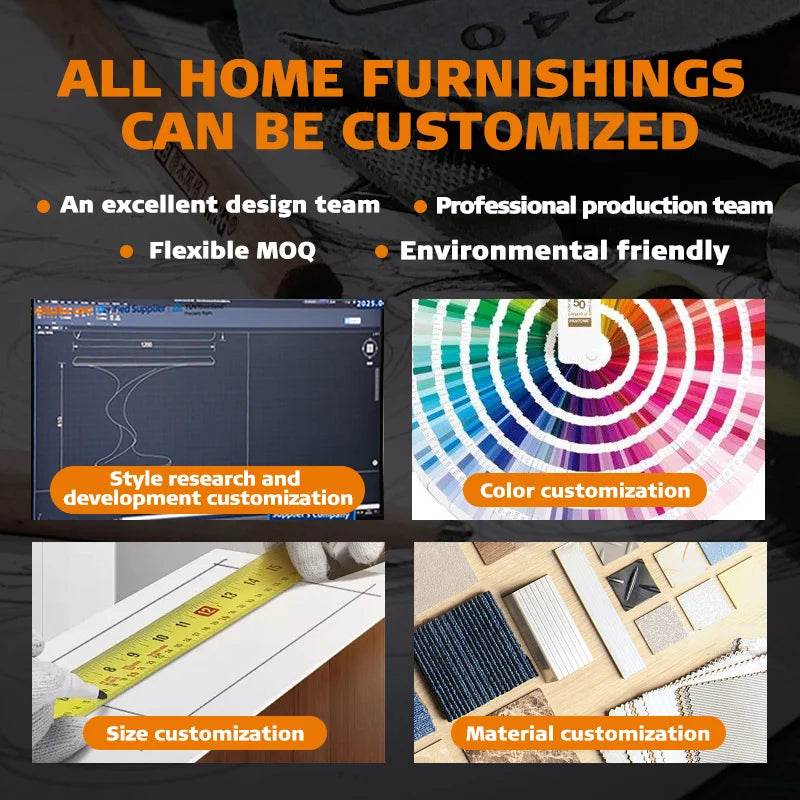 Advertisement for customizable home furnishings with design, color, size, and material customization options.