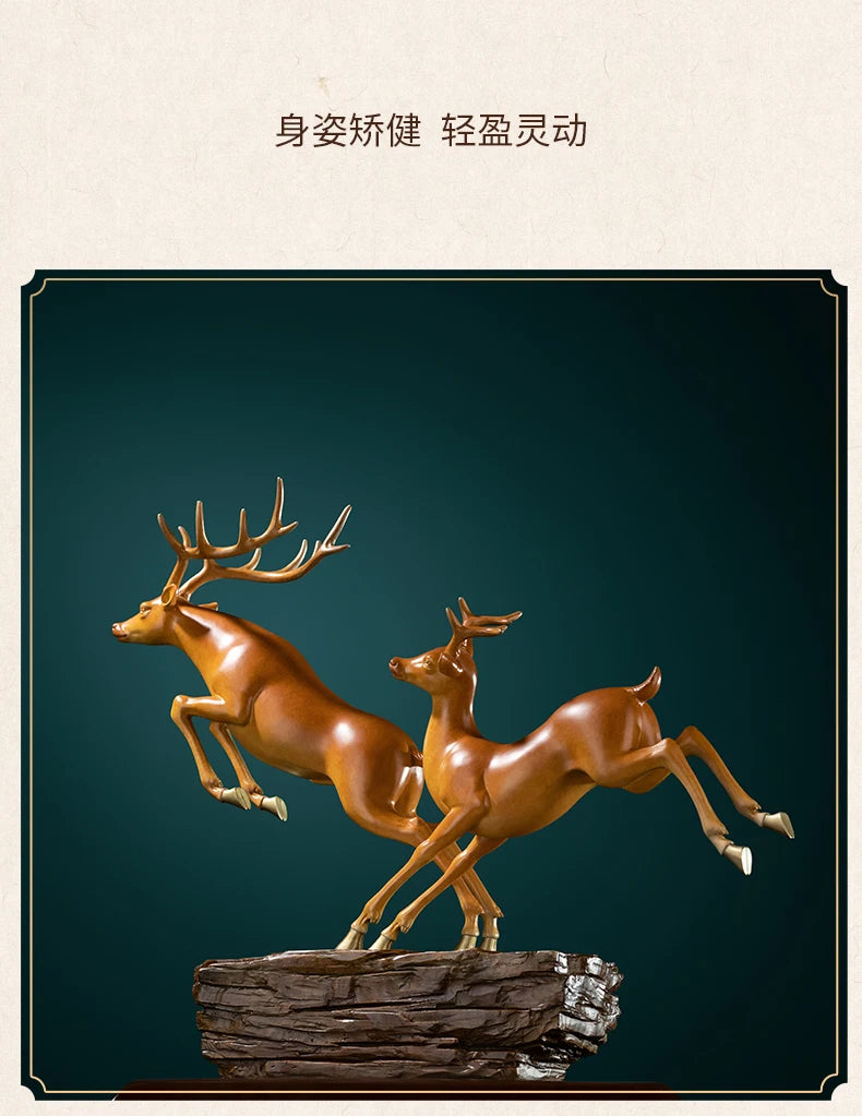 Hand-Engraved Brass Fu Lu Shou Deer Sculpture | Limited Edition Auspicious Art