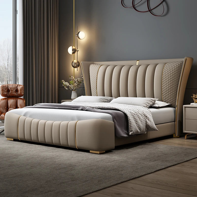 Modern luxury leather upholstered bed frame in light gray with plush headboard and contemporary design.