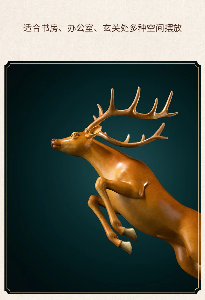Hand-Engraved Brass Fu Lu Shou Deer Sculpture | Limited Edition Auspicious Art