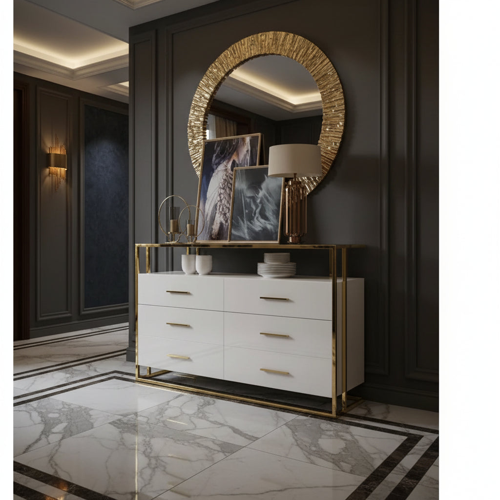 White dresser with gold accents and decorative items in an entryway with marble floors