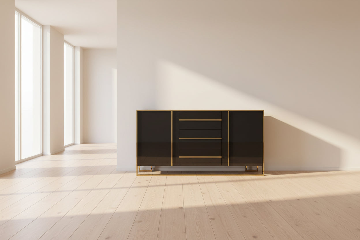Gold stainless steel console cabinet with drawers in a modern entryway setting.