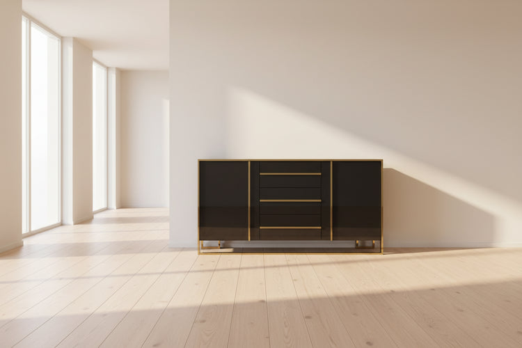 Modern black and gold sideboard on a white background