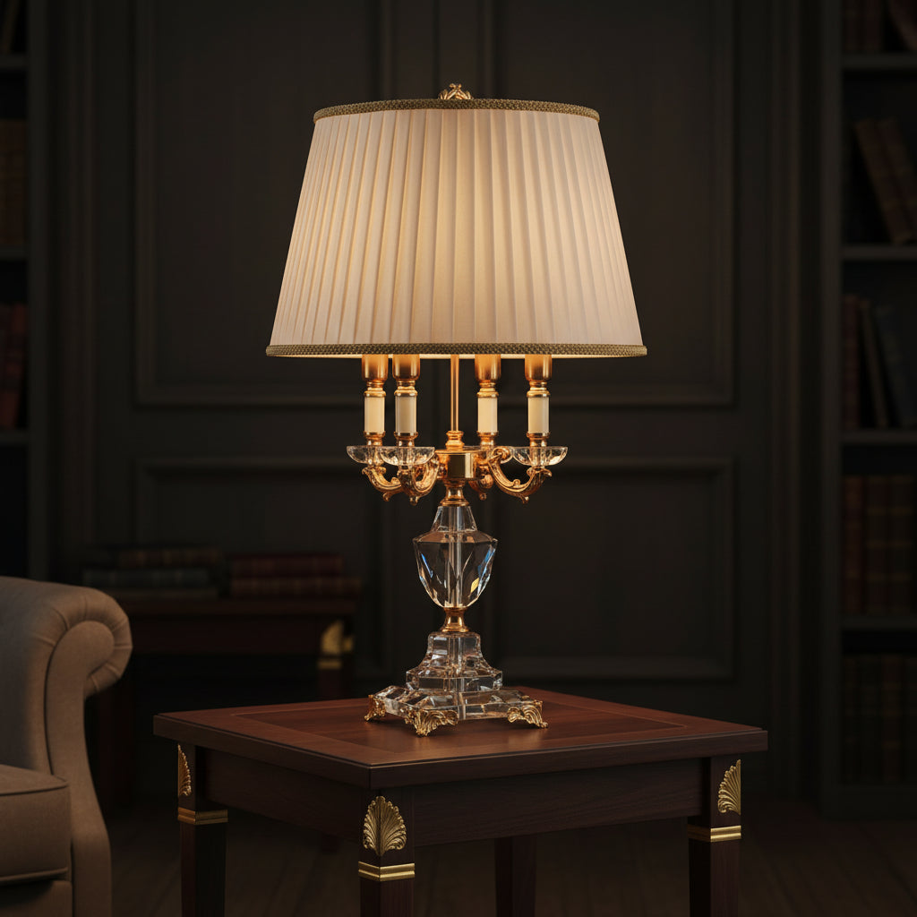 K9 crystal table lamp with fabric shade showcasing European elegance in a cozy living room setting.