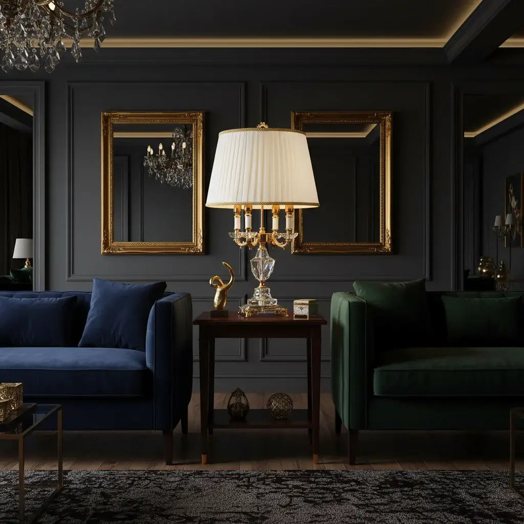 K9 crystal table lamp with fabric shade glowing in elegant living room with dark walls and stylish sofas