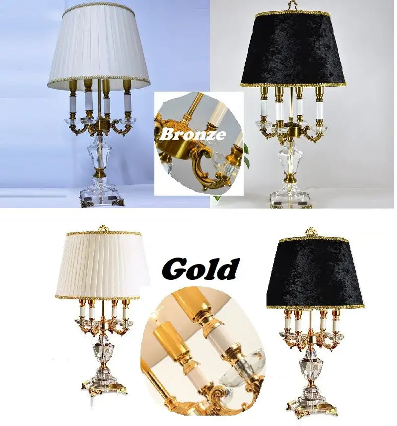 K9 crystal table lamp with fabric shade in bronze and gold designs showcasing European elegance.