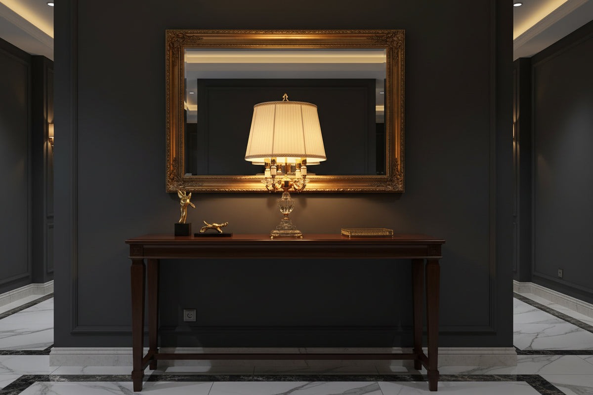 K9 crystal table lamp with fabric shade illuminating a stylish hallway with a mirror and dark walls.