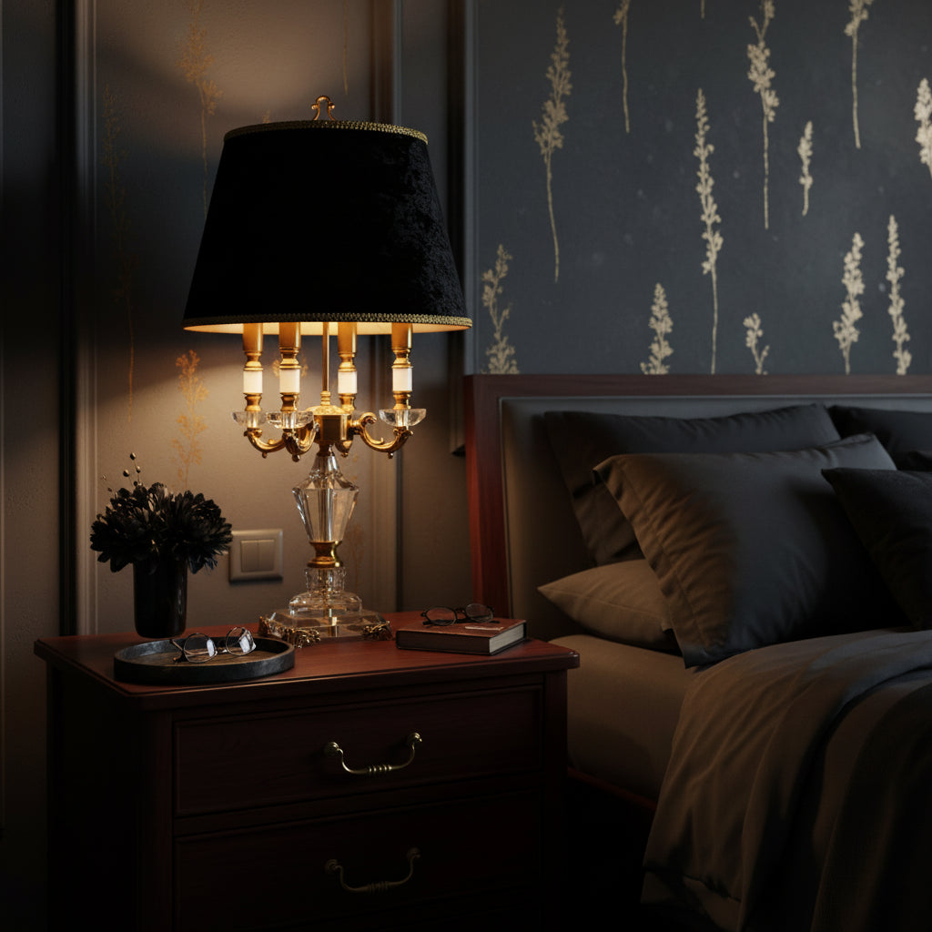 K9 crystal table lamp with fabric shade illuminating a stylish bedroom nightstand.