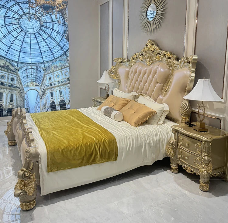 Handmade royal bed solid oak leather with ornate headboard and luxurious gold accents in a master bedroom setting.