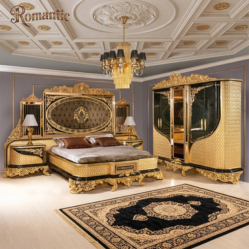 Neo Classical Gilded Black Bed Set