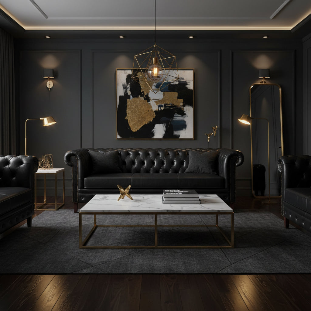 A classic black leather Chesterfield sofa with deep button tufting, rolled arms, and dark wooden legs, shown against a black background surrounded by contemporary home decor.