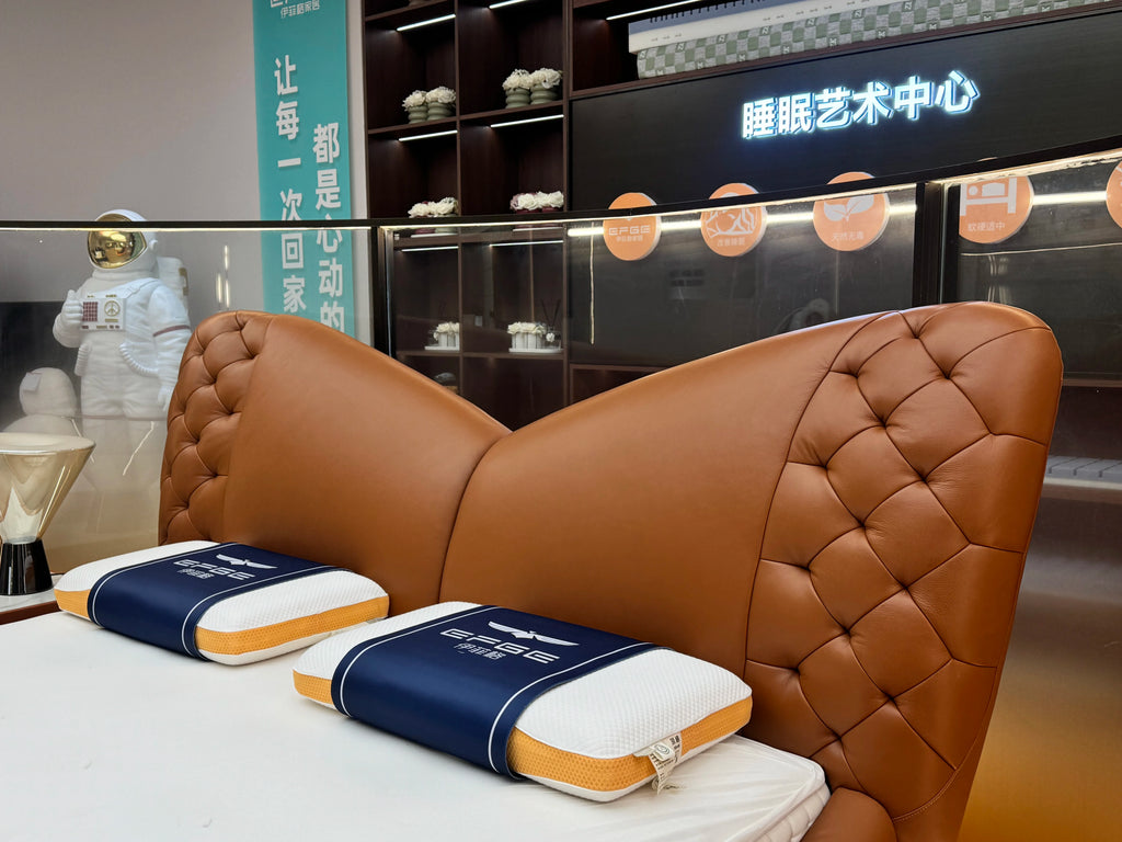 Luxury upholstered storage bed with massage feature showcasing cowhide leather and massage cushions.