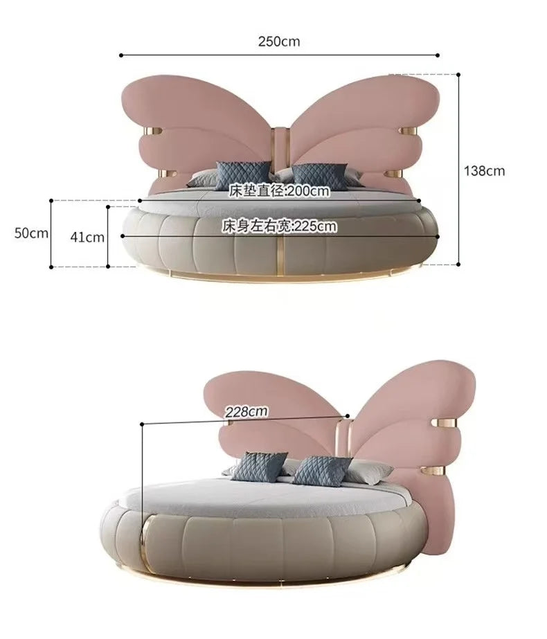 Italian butterfly round bed dimensions showing genuine leather butterfly round bed design and measurements.