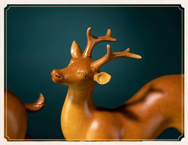 Hand-Engraved Brass Fu Lu Shou Deer Sculpture | Limited Edition Auspicious Art
