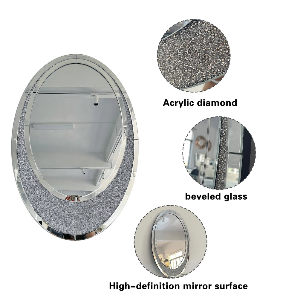 Decorative mirror with acrylic diamond accents, beveled glass, and high-definition mirror surface on a white background.