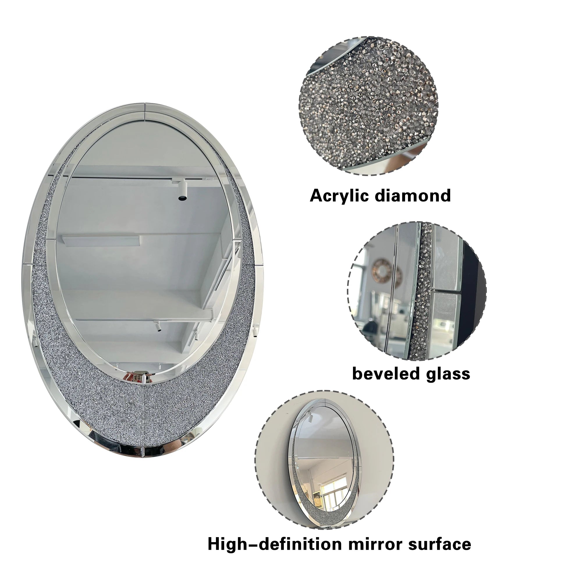 Decorative mirror with acrylic diamond accents, beveled glass, and high-definition mirror surface on a white background.