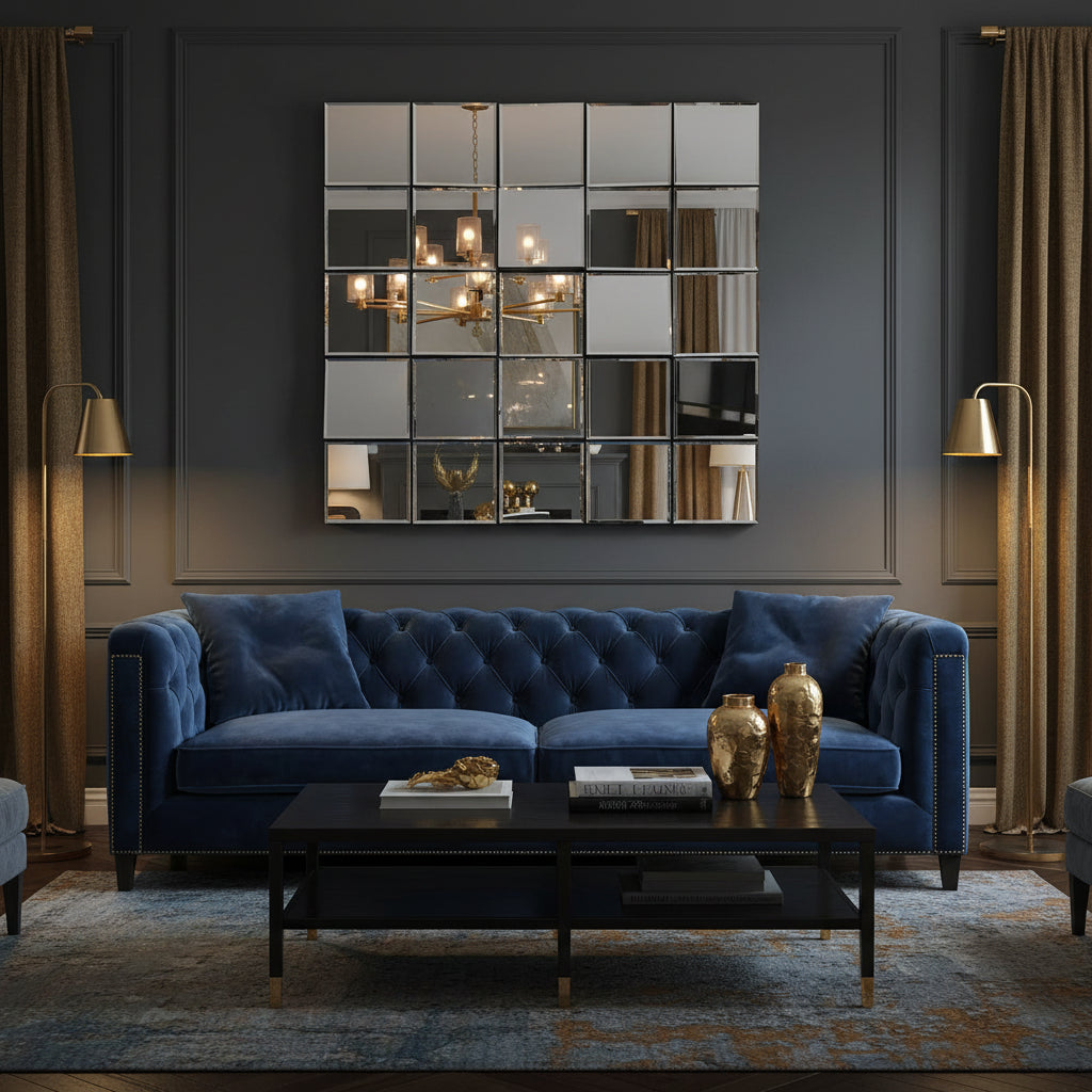 Wall-mounted mirror with square reflective tiles in a living room above a blue couch with lighting on each side