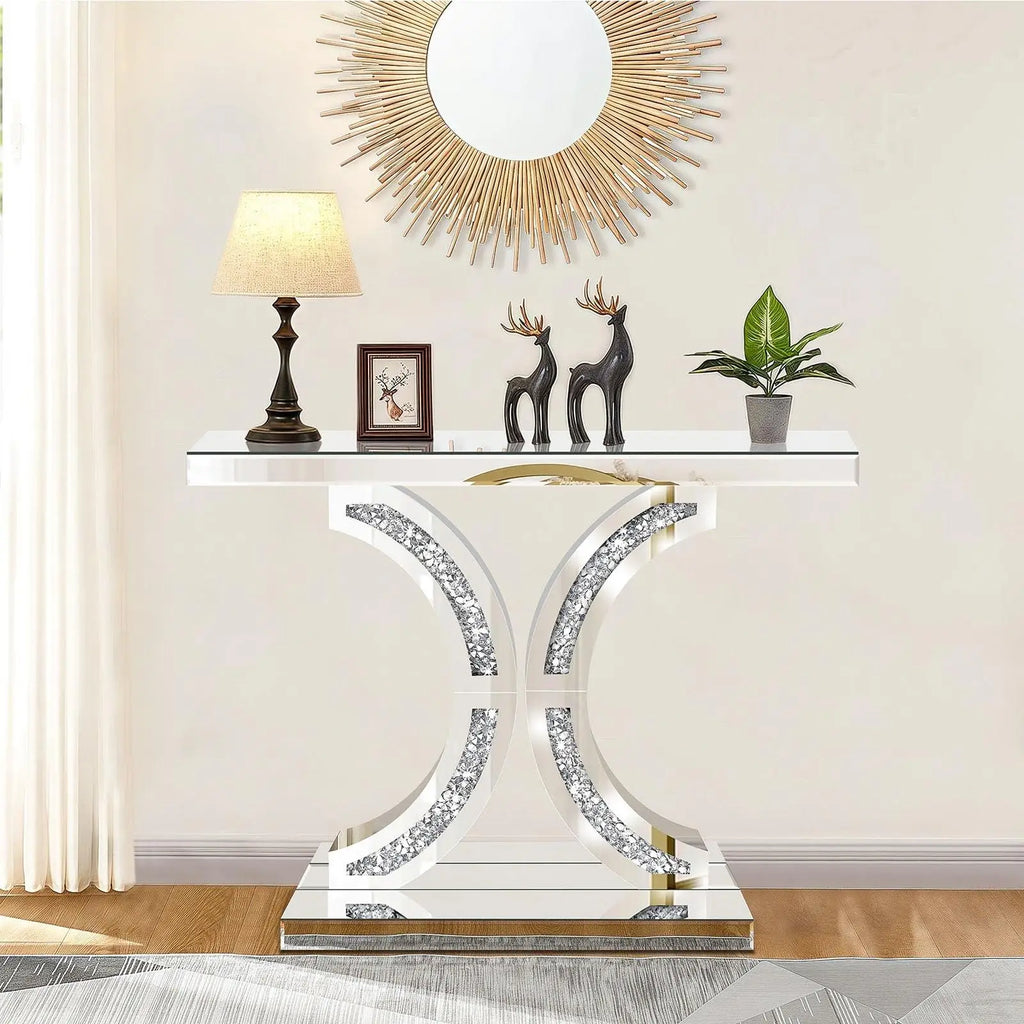 Silver Mirrored Console Table | Diamond-Crushed Glass | Hallway & Entryway | 100cm with decorative items and stylish decor.