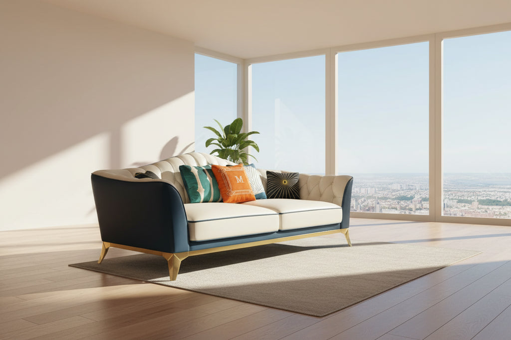 White and navy blue sofa with decorative pillows on a white background and cityscape