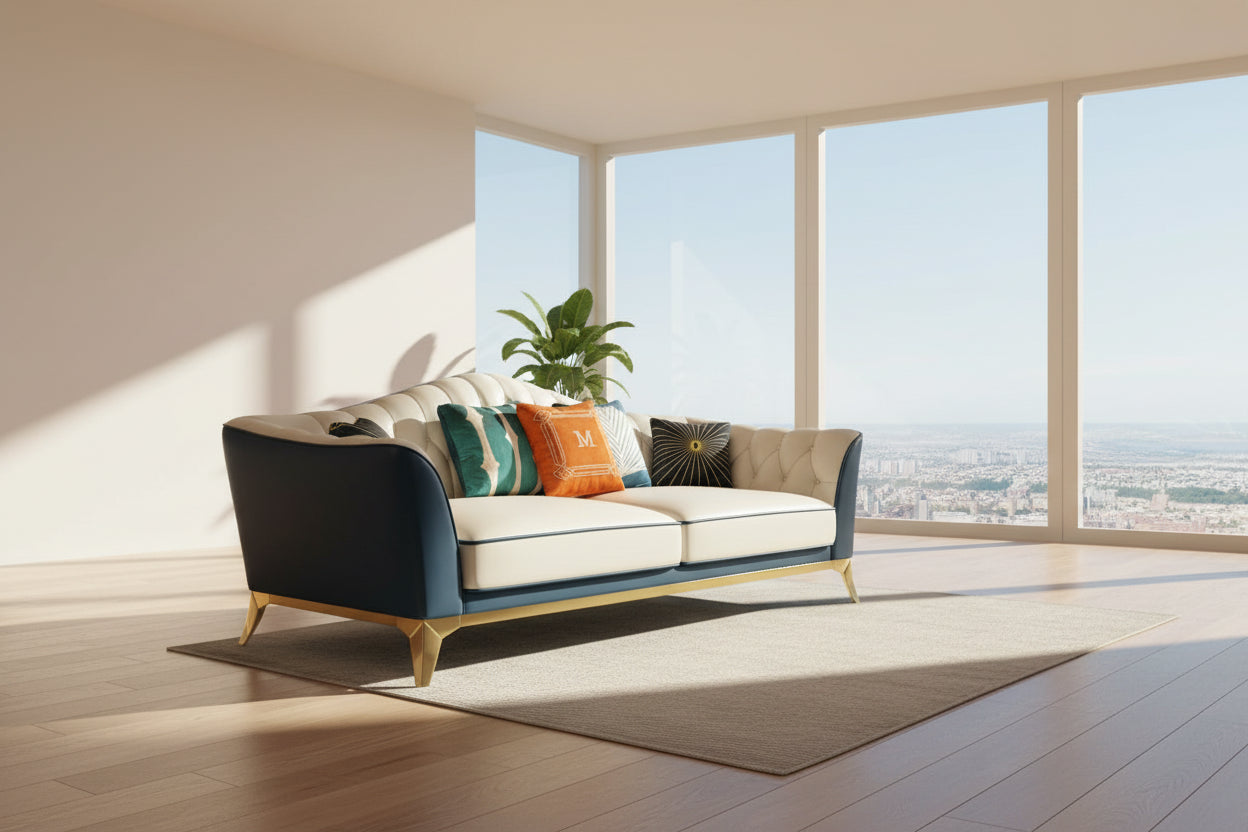 White and navy blue sofa with decorative pillows on a white background and cityscape