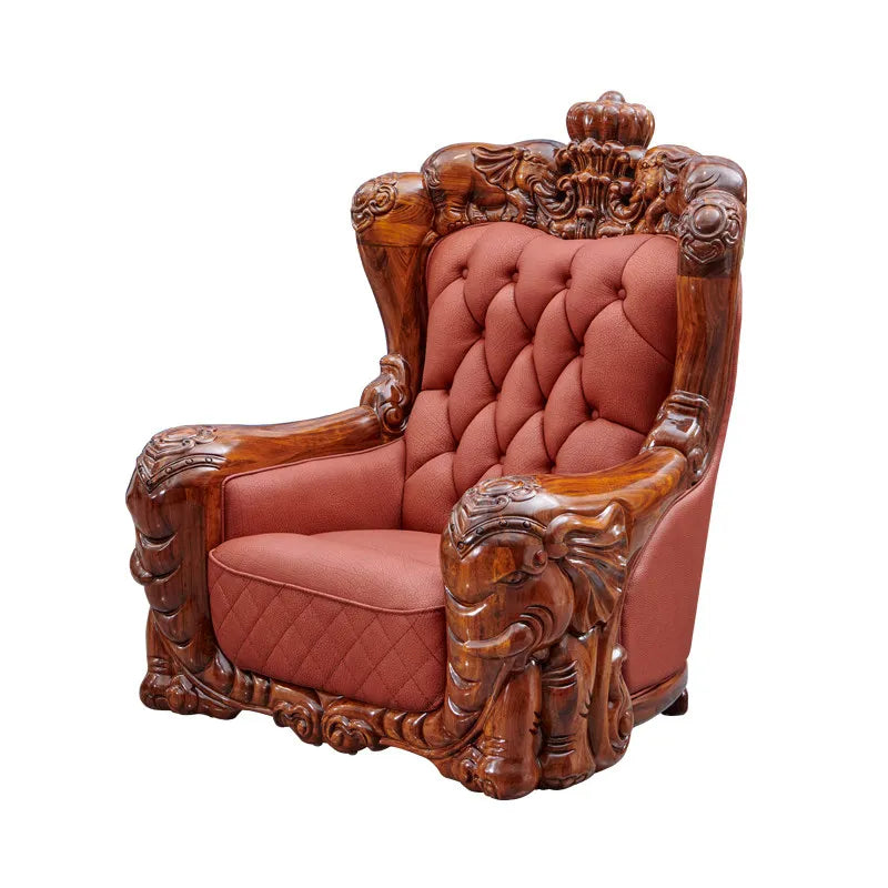 European black gold leather sofa set featuring a stunning hand-carved wooden frame and luxurious upholstery.