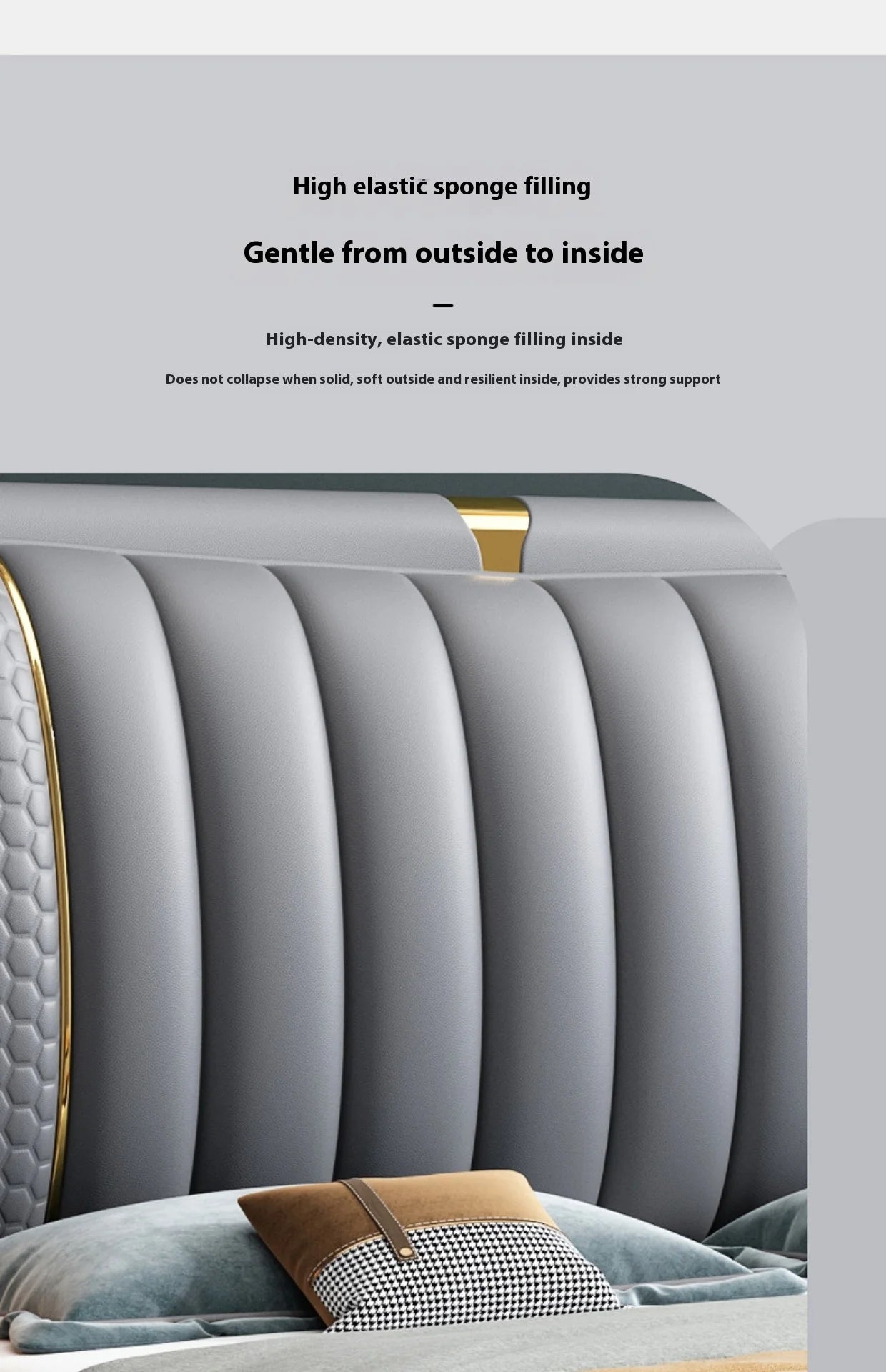 Luxury leather upholstered bed frame with high elastic sponge filling for comfort and support.