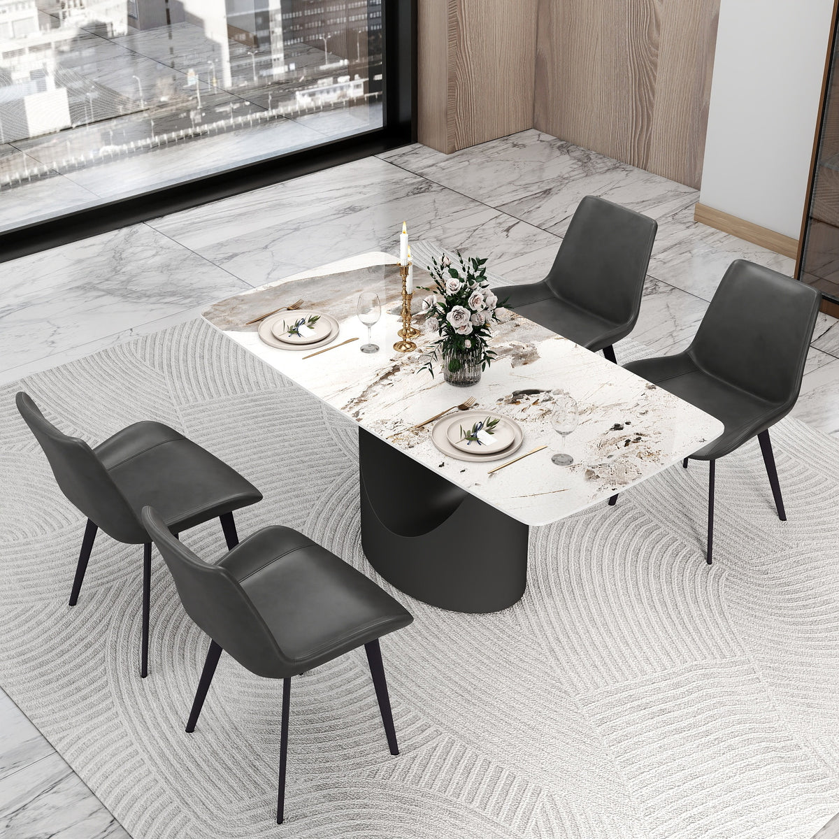 Sintered Stone & Black Stainless Steel Rectangular Dining Table