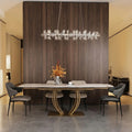 extendable sintered stone dining table with metal frame and stylish chairs in modern dining room