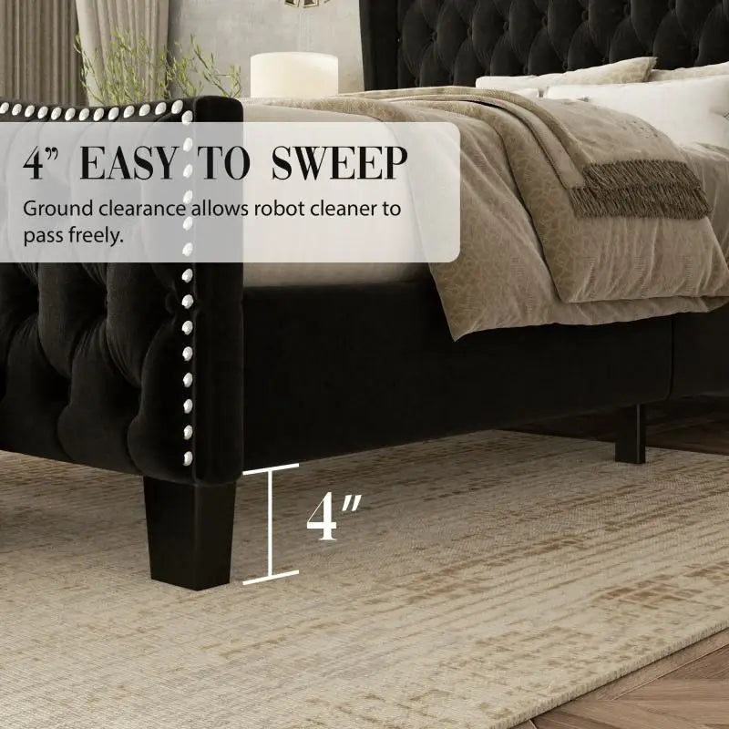 Bed with black frame and elevated base, showing 4-inch ground clearance for robot cleaners.