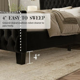 Bed with black frame and elevated base, showing 4-inch ground clearance for robot cleaners.