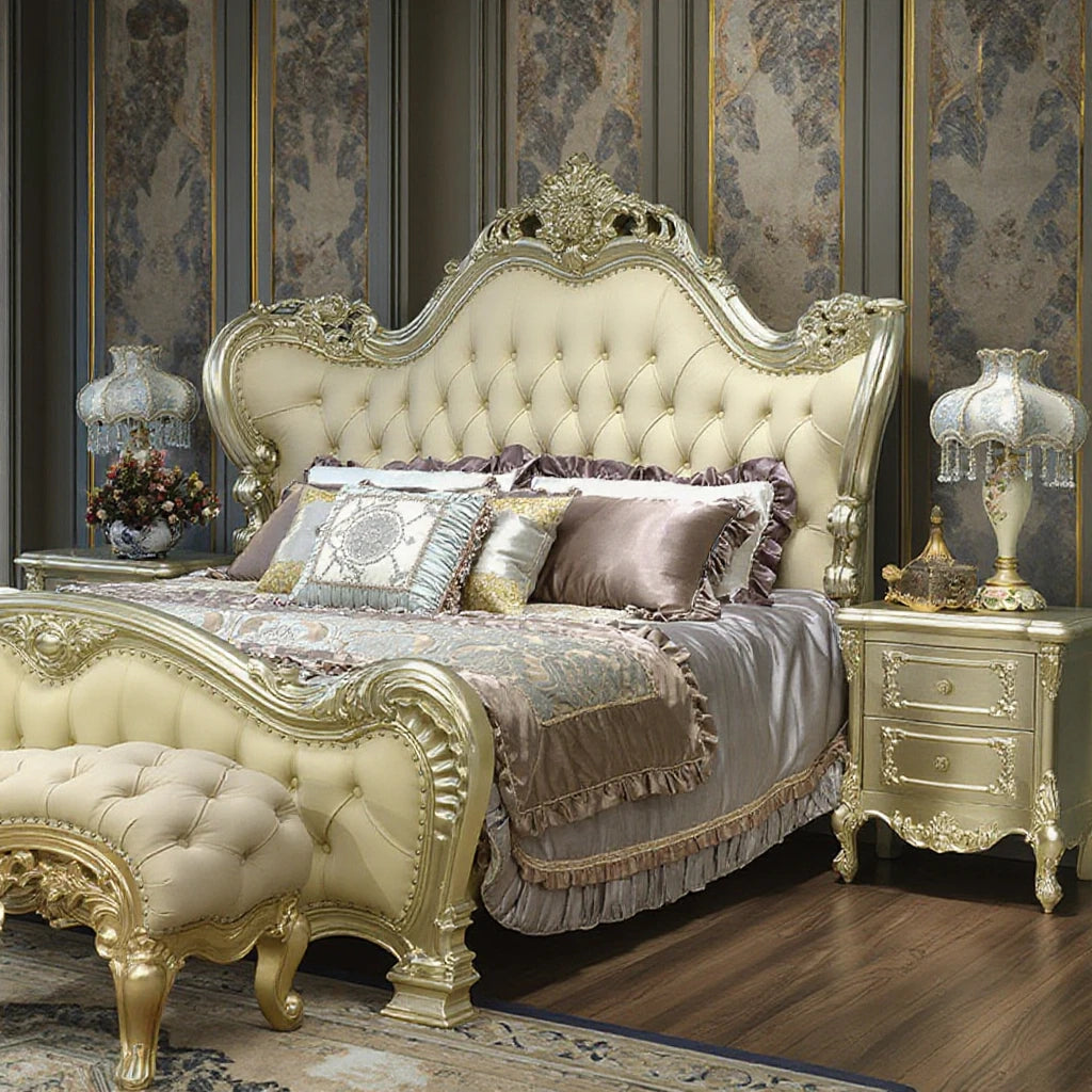 European style solid wood bed with cowhide and gold accents, luxurious villa master bedroom design.