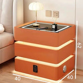Modern nightstand with LED lighting and measurements shown