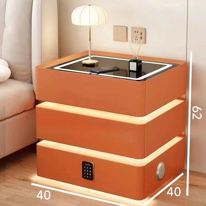 Smart nightstand with wireless charging, 3 drawers, stylish design, and LED lighting in orange color.