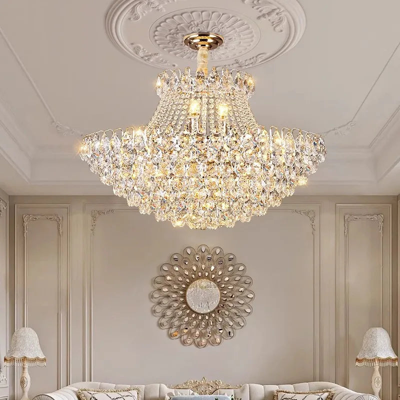 Luxury crystal chandelier illuminating an elegant living room with crystal details and classic decor.