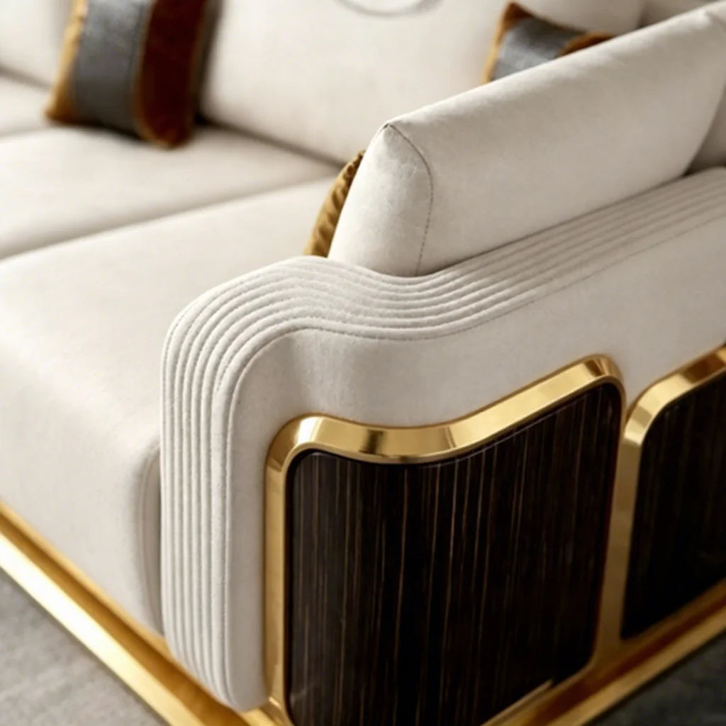 Contemporary villa sofa set featuring white faux leather upholstery, gold metal frame, and wood veneer accents.