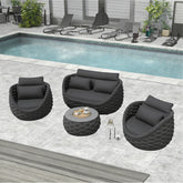 Outdoor patio furniture set with chairs and a table by a pool