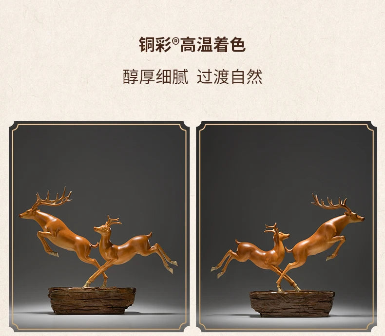Hand-Engraved Brass Fu Lu Shou Deer Sculpture | Limited Edition Auspicious Art