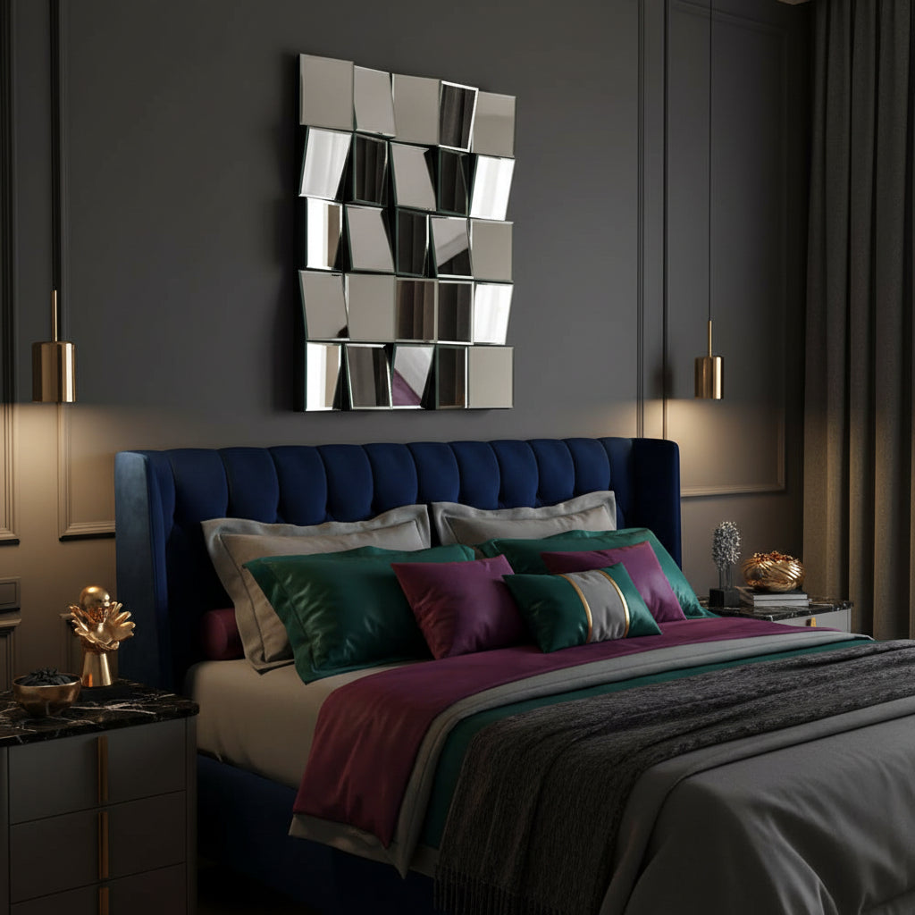 Decorative wall mirror with geometric design in a bedroom setting over the bed
