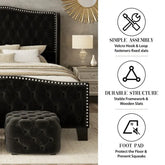 Black upholstered bed with tufted design in a bedroom setting, featuring assembly and durability features on the right.