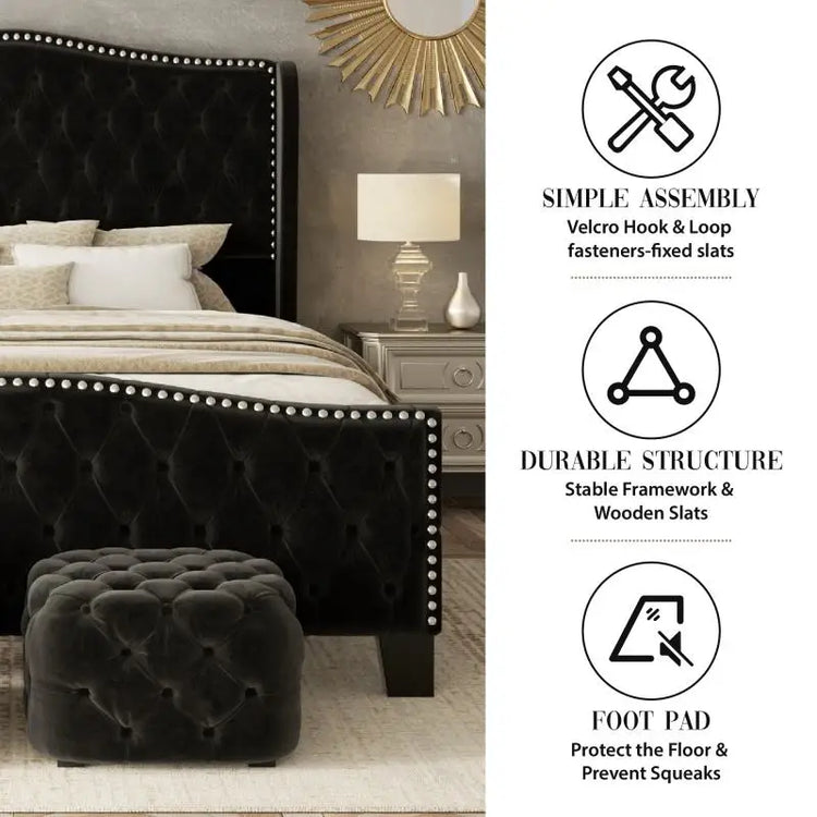 Black upholstered bed with tufted design in a bedroom setting, featuring assembly and durability features on the right.