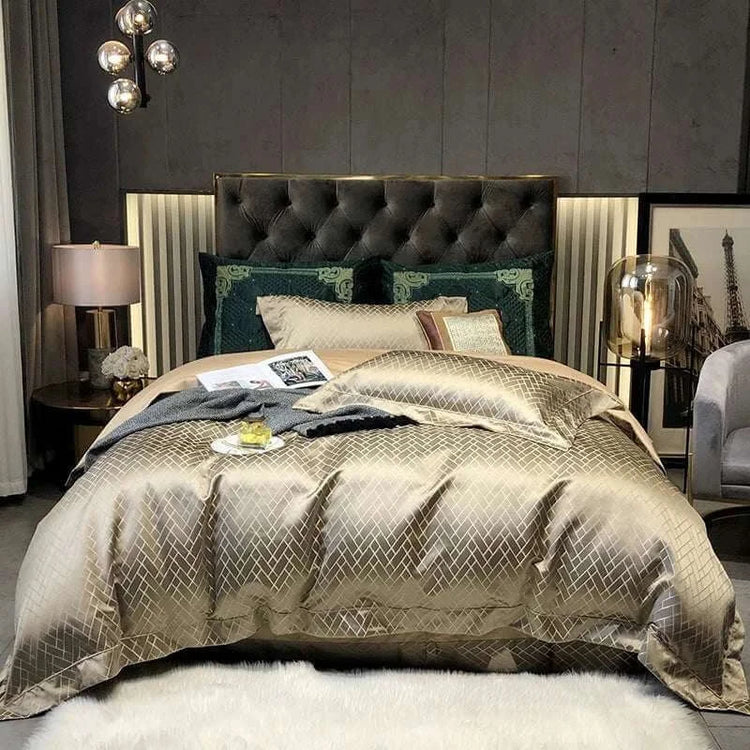 Luxurious bedroom with a large bed, decorative pillows, and stylish decor.