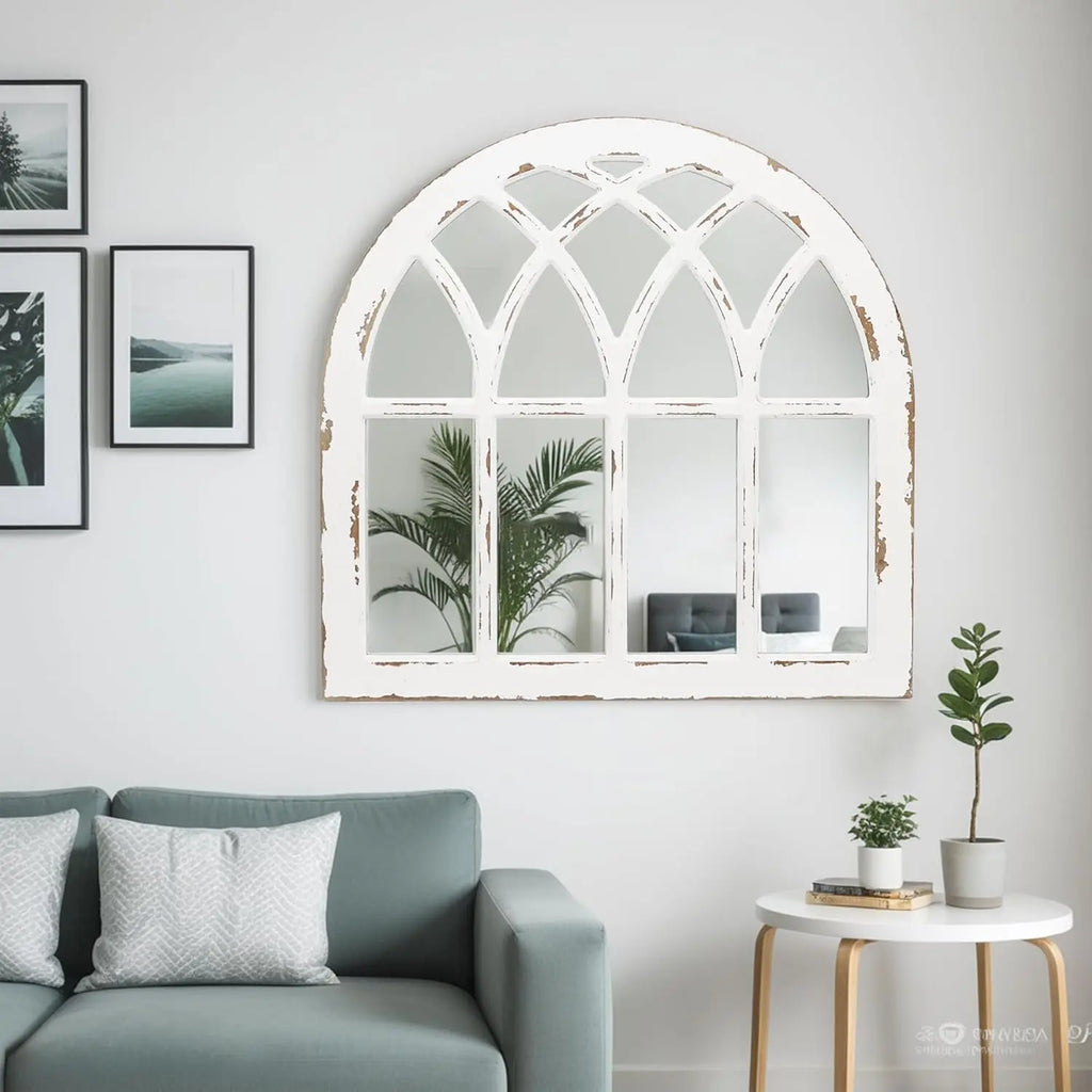Decorative mirror with gothic design in a living room setting
