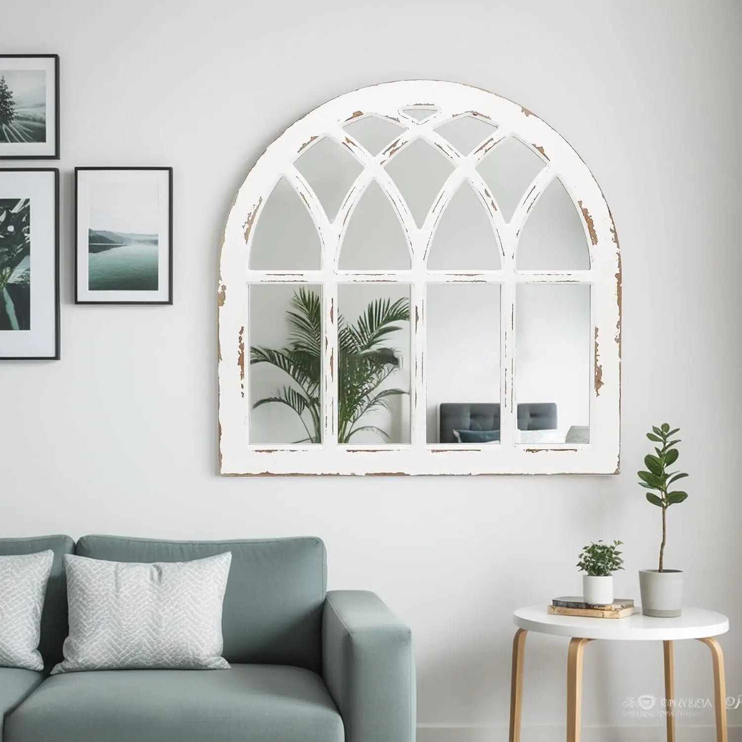 Decorative mirror with gothic design in a living room setting