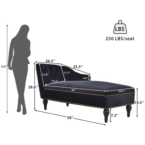 Black chaise lounge with measurements and a silhouette of a person for scale on a white background.