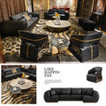 A luxury black leather sofa set with gold trim and leopard-print side panels, shown in a modern living room setting alongside a matching sectional and accent chairs. The collage includes text reading 'LIKE HAPPIN ESS' and a smaller inset of the sofa alone.