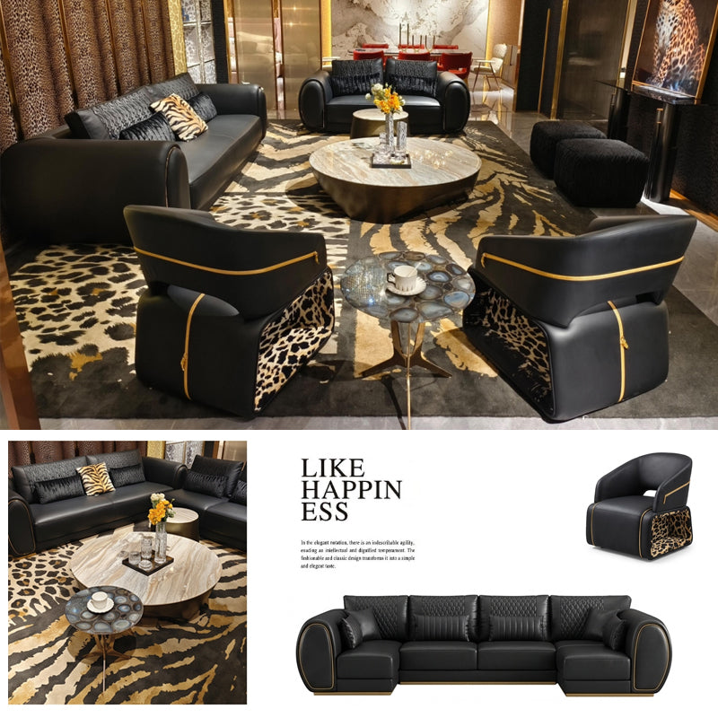 A luxury black leather sofa set with gold trim and leopard-print side panels, shown in a modern living room setting alongside a matching sectional and accent chairs. The collage includes text reading 'LIKE HAPPIN ESS' and a smaller inset of the sofa alone.