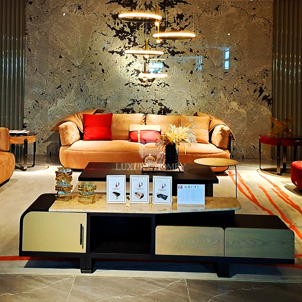 Velvet square sofa bed set in a stylish luxury living room with bold beige and red color block accents.