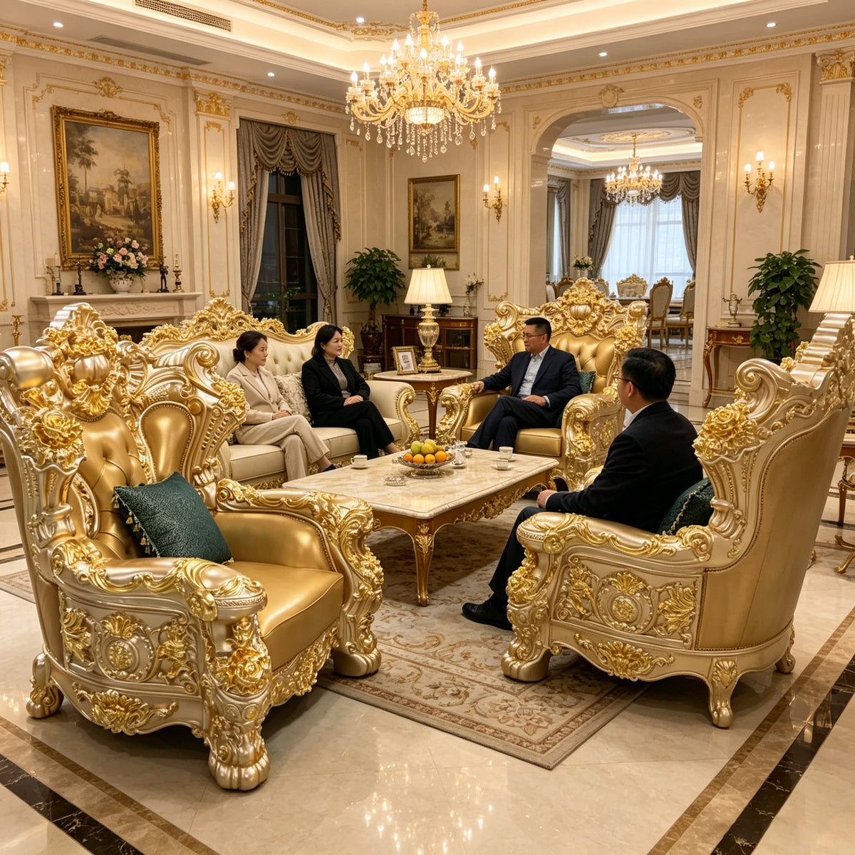 A luxurious ornate gold and cream sofa set in a grand, high-ceilinged reception hall with crystal chandeliers, people seated in the chairs, and a marble coffee table in the center.