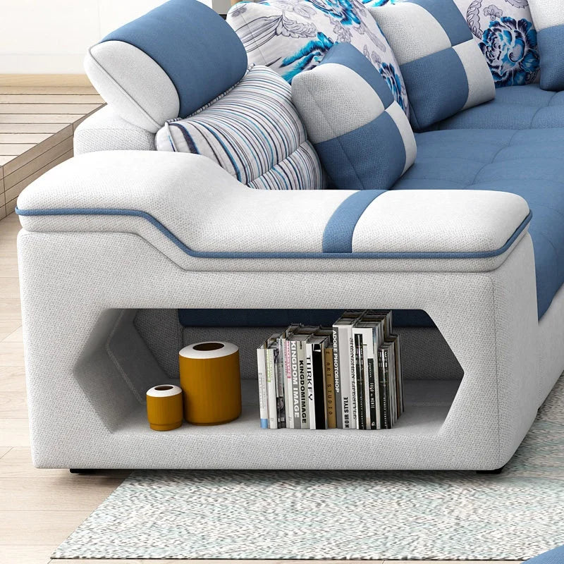 U-Shaped 7-Seater Sectional Sofa with storage and stylish cushions in blue and white linen.