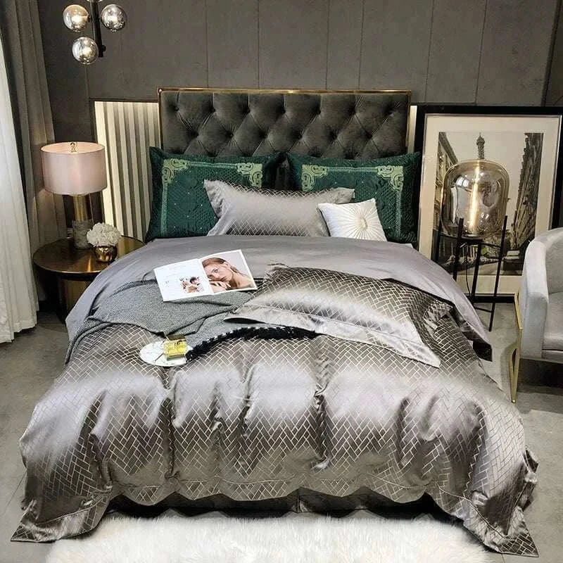 Luxury black and gold yarn-dyed jacquard Egyptian cotton bedding set in a stylish bedroom setting